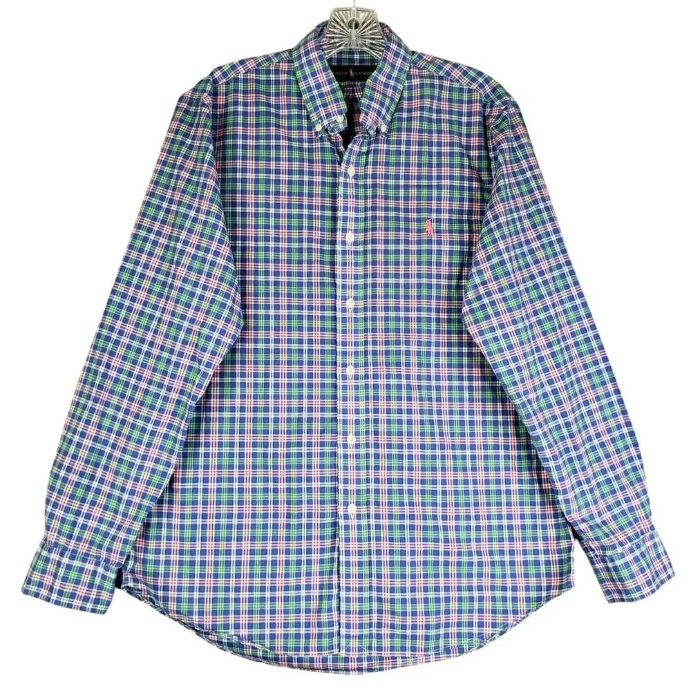 Polo Ralph Lauren Shirt Men's Medium M Blue Multicolor Plaid LS Button Down
